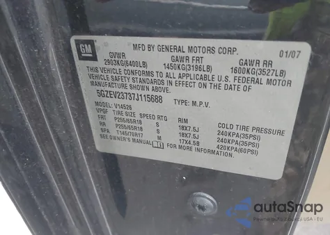 2007 Saturn Outlook Xr из США, поврежденный, VIN 5GZEV23737J115688